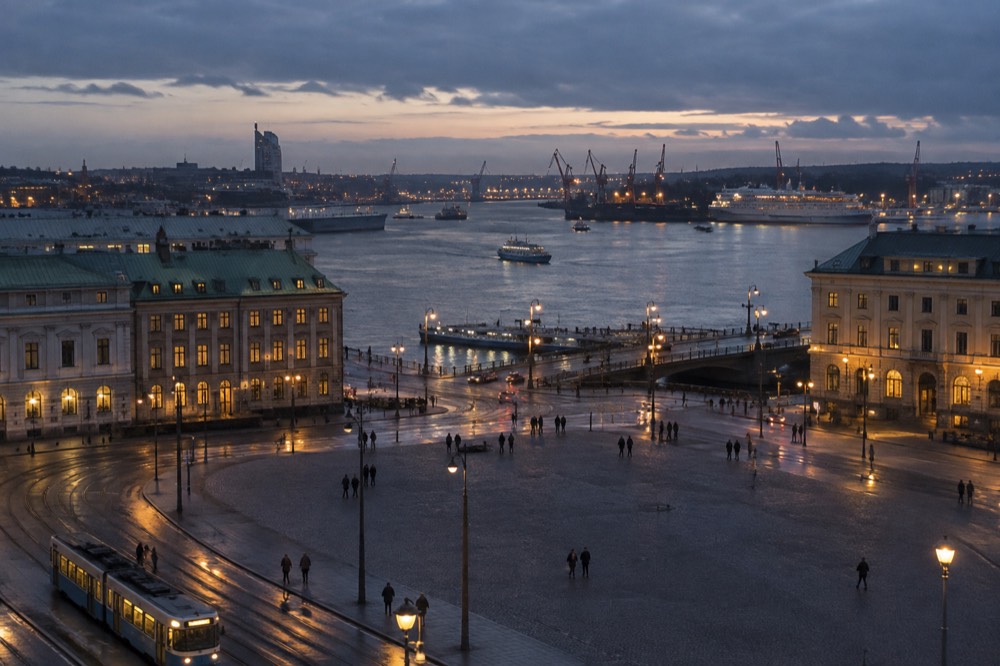 The Göta älv river and harbour cranes seen from a Gothenburg bridge at dusk