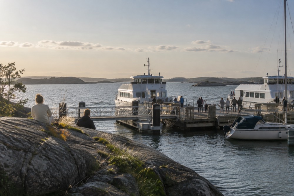 Long summer evening light over the Gothenburg archipelago ferry pier at Saltholmen