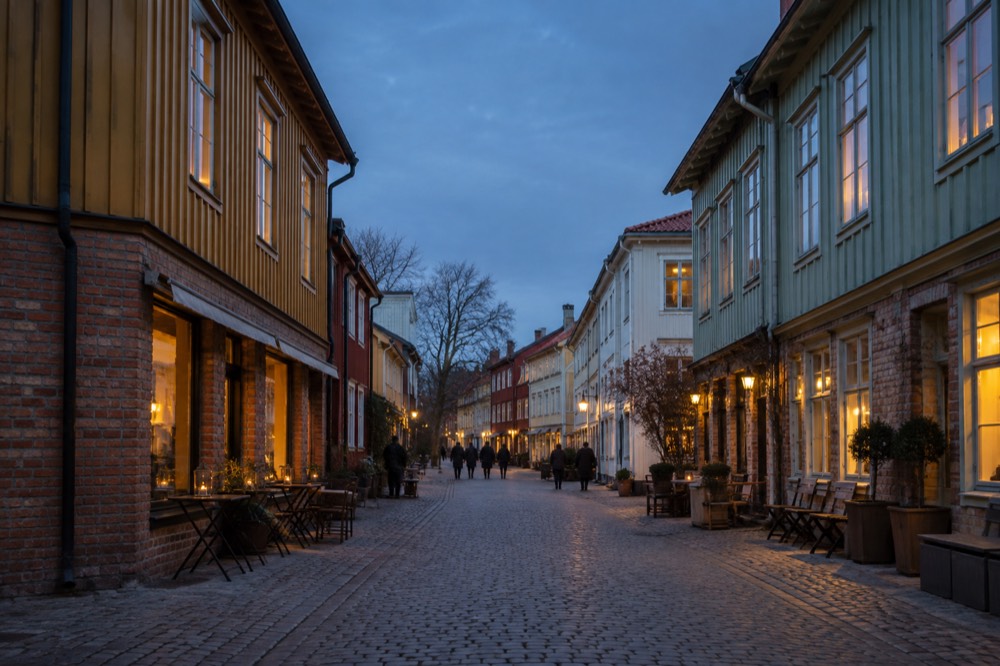 Colourful wooden houses in the Haga old quarter of Gothenburg on a bright day