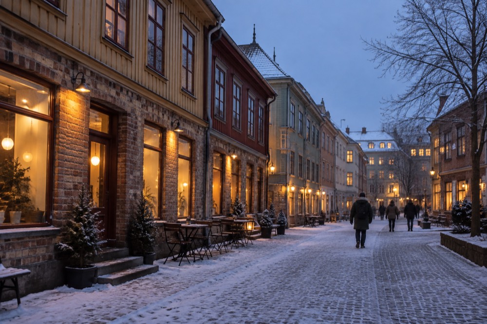 A snow-dusted stone street in Gothenburg's Haga quarter with warm light from shop windows