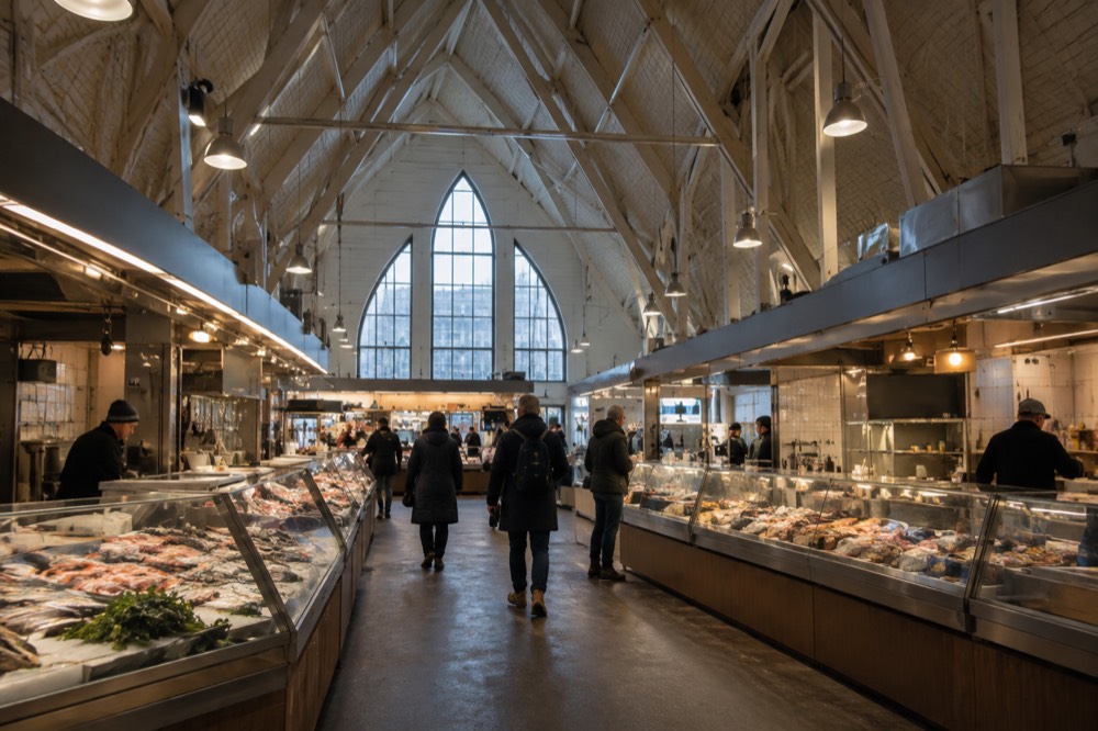The timber interior of Feskekôrka market hall in Gothenburg with food stalls and visitors at the counters