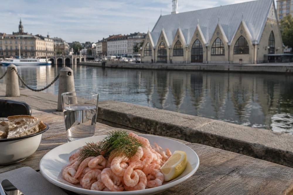 A plate of peeled cold-water shrimp with lemon and dill on a wooden table in a Gothenburg food hall