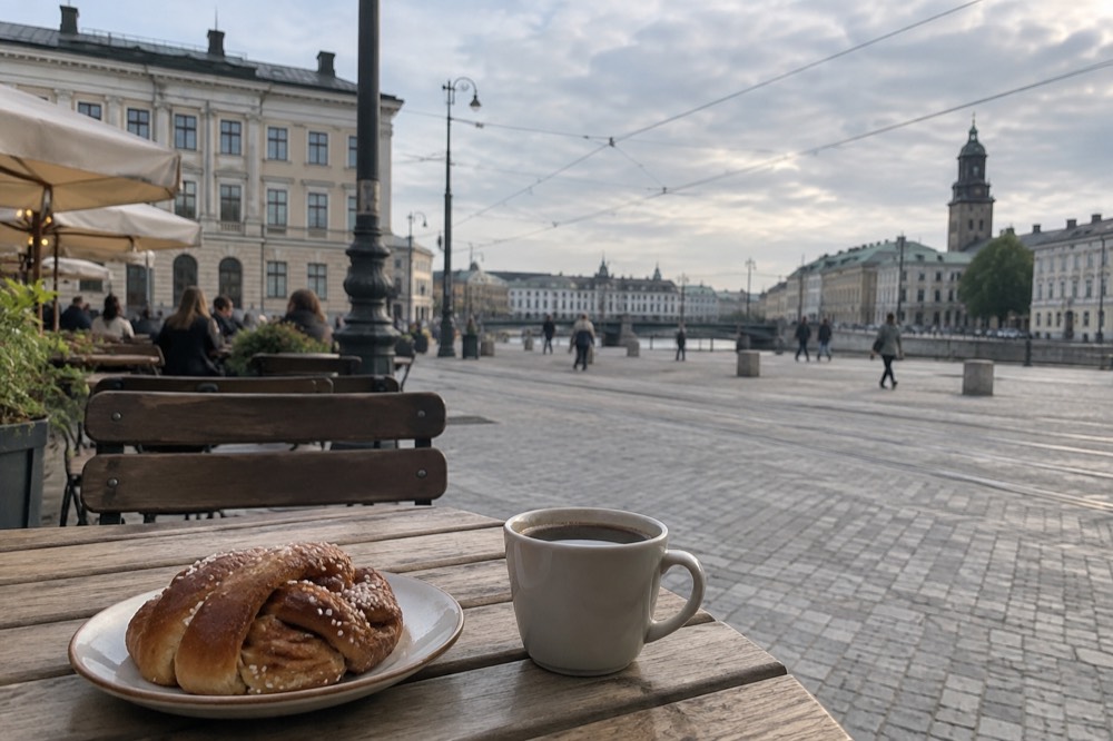 A cinnamon bun and a cup of coffee on a wooden café table in a warm bakery light
