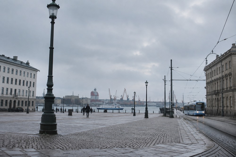 Gothenburg rooftops and harbour cranes seen across the Göta älv on a grey Nordic afternoon