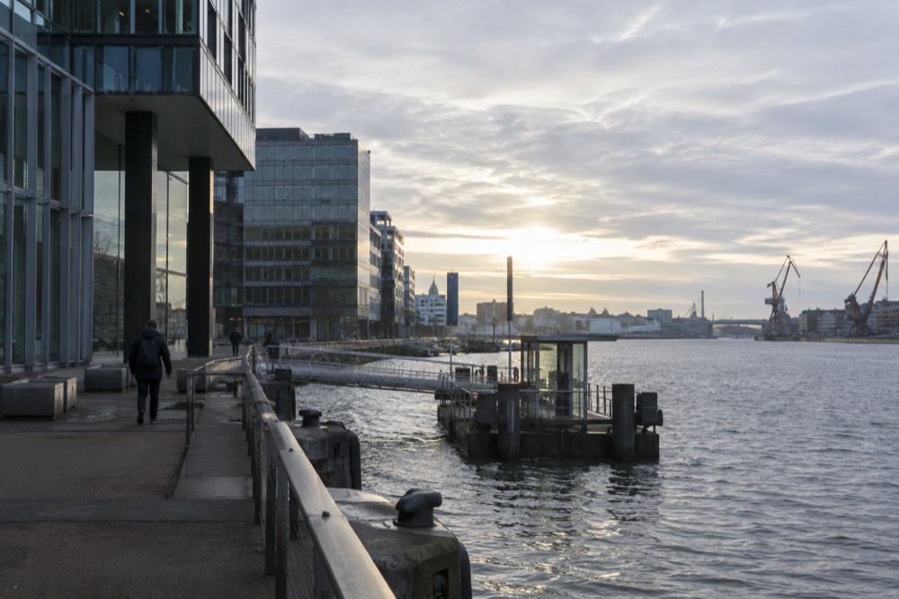 Modern waterfront office buildings along the Göta älv river on Hisingen in Gothenburg