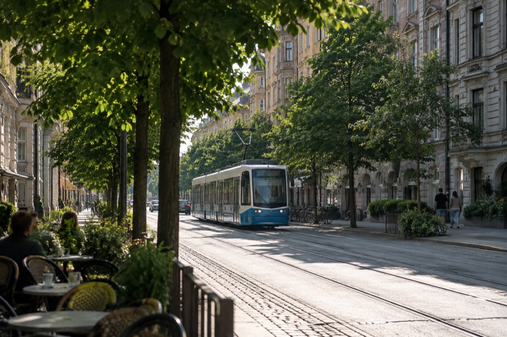A Gothenburg tram on a tree-lined street with stone buildings on both sides
