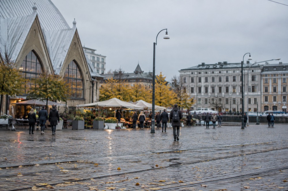 The market hall facade on a busy shopping street in central Gothenburg on a dry autumn day