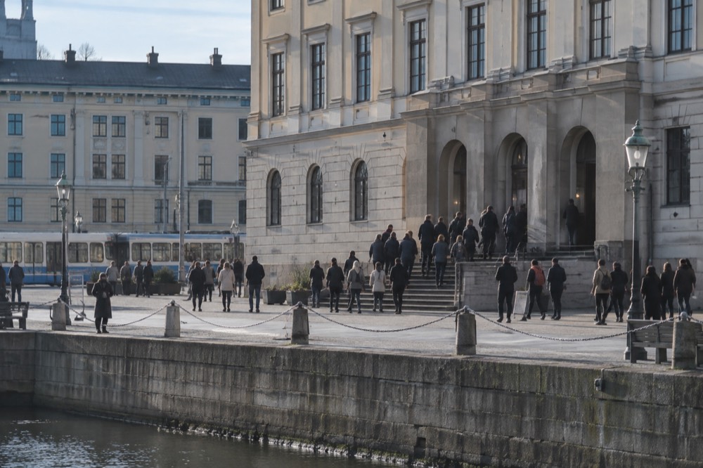 The exterior of the Gothenburg City Museum with visitors gathered at the entrance steps