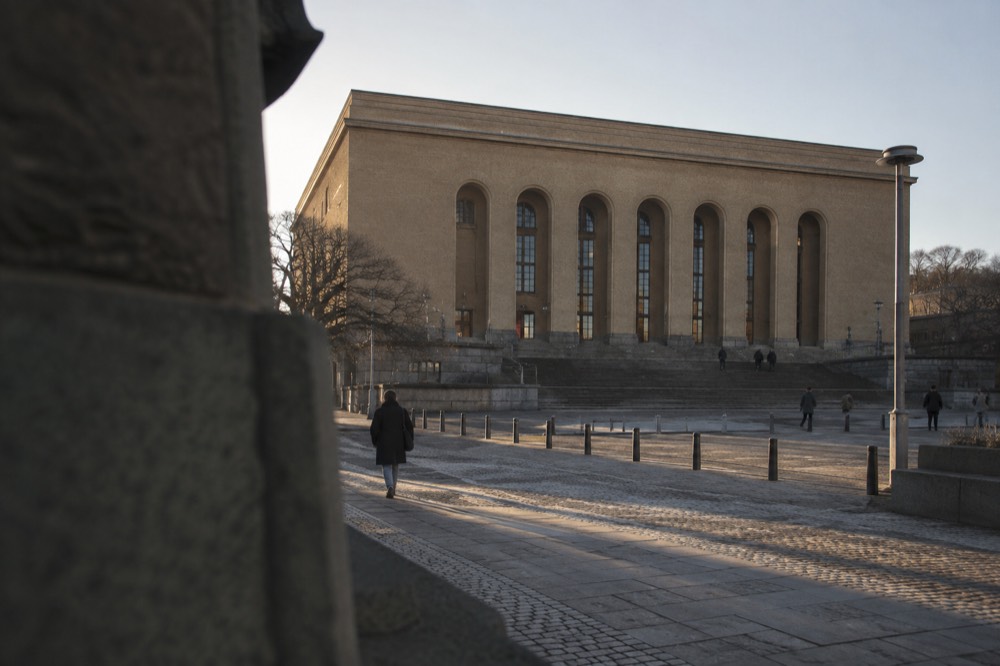 The neoclassical art museum building on Götaplatsen in Gothenburg seen from the avenue below