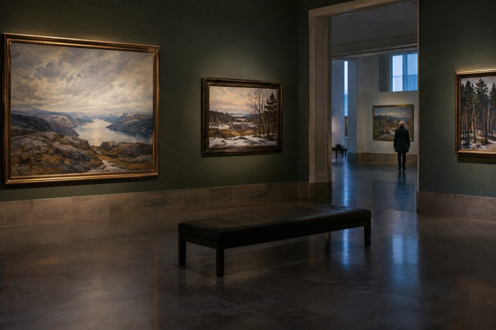 A gallery room inside the Gothenburg Museum of Art with Nordic paintings hung on deep walls