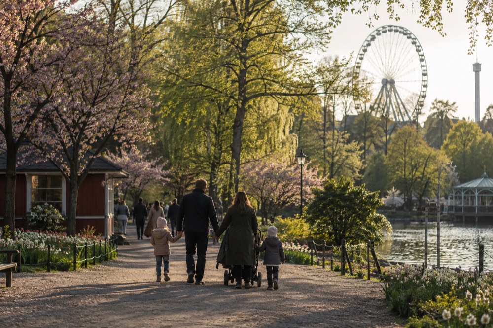 A family walking down a park path lined with flowering trees in spring, with a ferris wheel in the distance