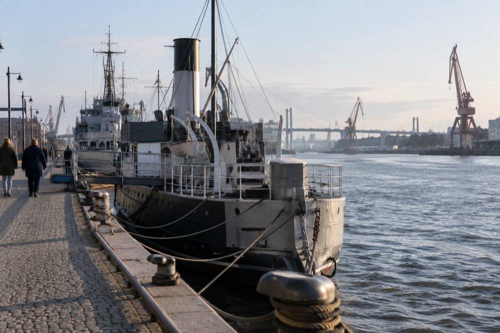 A riverside promenade in central Gothenburg with a view across the water to cranes and bridges