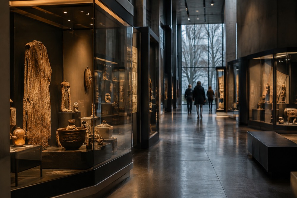 A museum gallery corridor with glass display cases and warm lighting