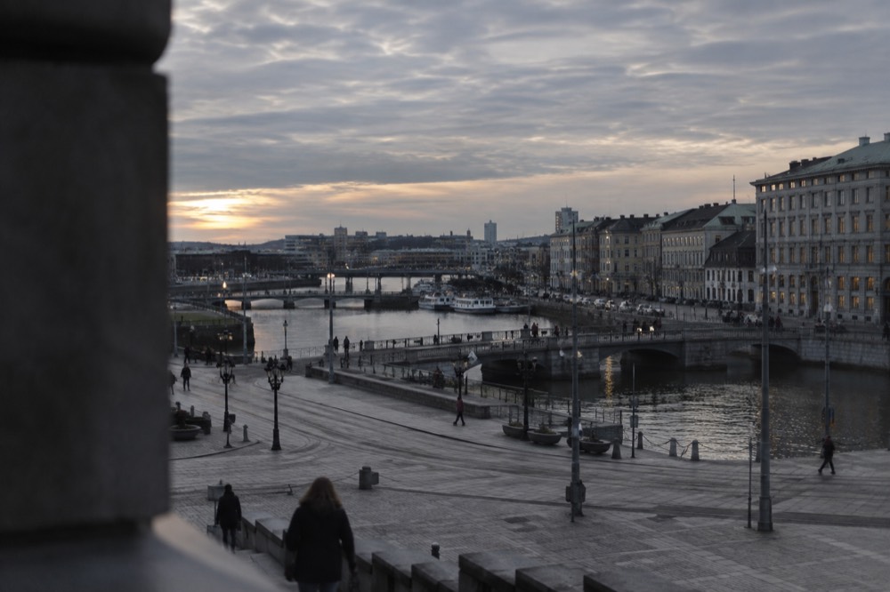 Evening cityscape of Gothenburg with river and bridges seen from above