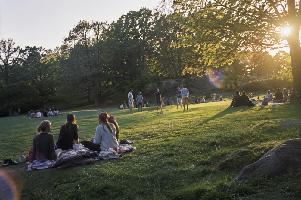 People picnicking and playing games on a wide grass lawn in a park