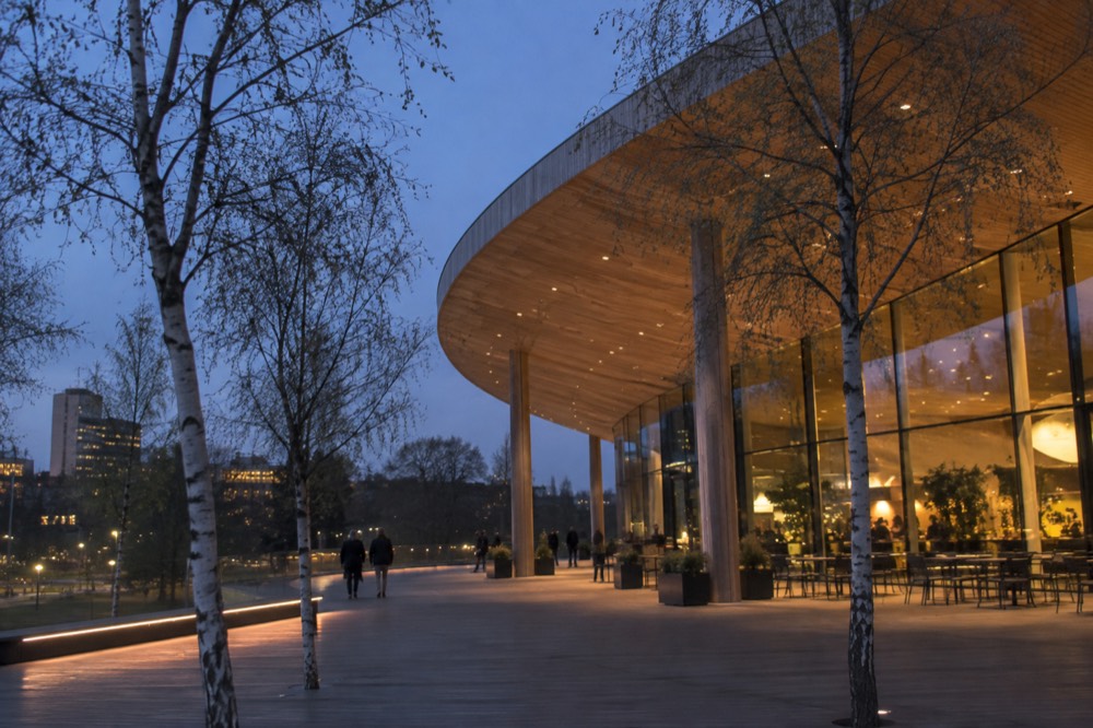 The timber roof terrace of World of Volvo seen from below