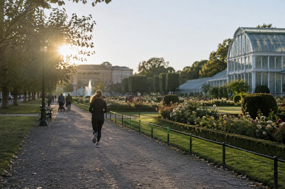 A city avenue with trees leading toward a fountain and museum building in the distance