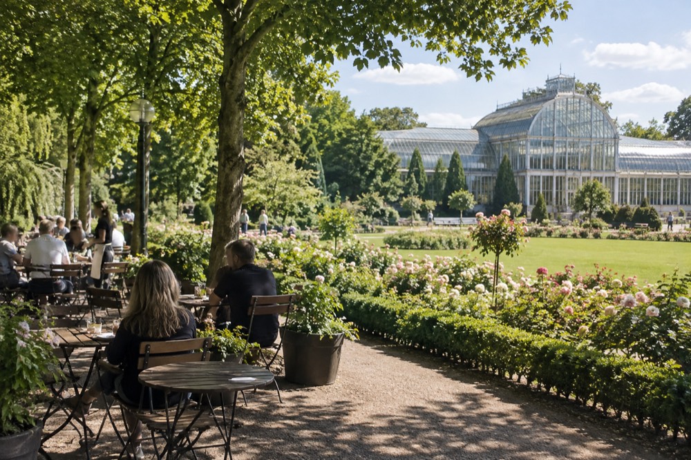 A park café terrace with small tables and chairs under trees on a sunny afternoon
