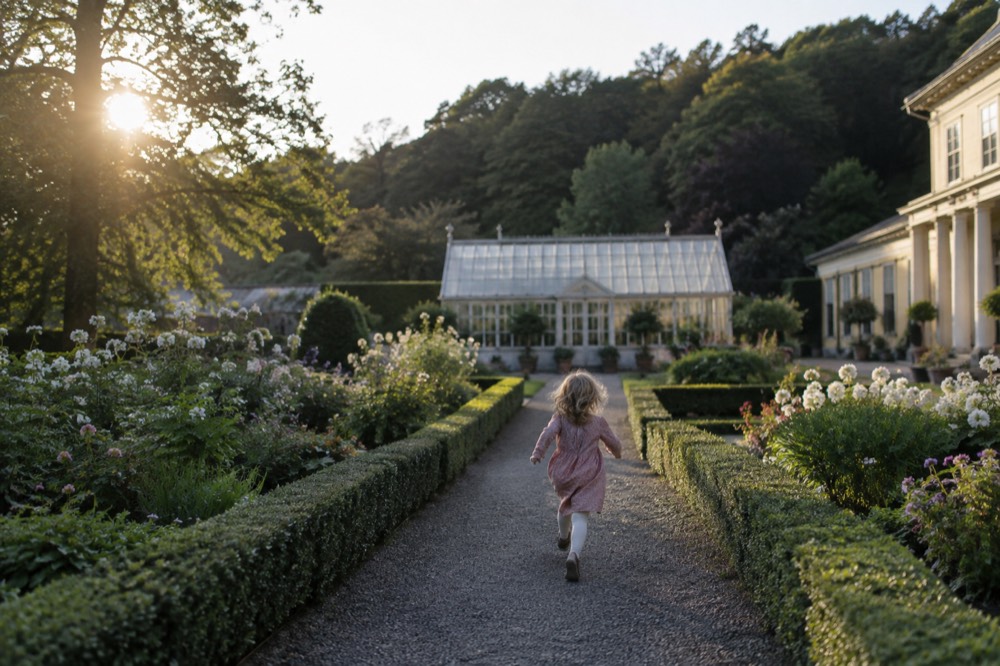A formal garden path lined with clipped hedges leading toward a greenhouse, with flower beds in bloom
