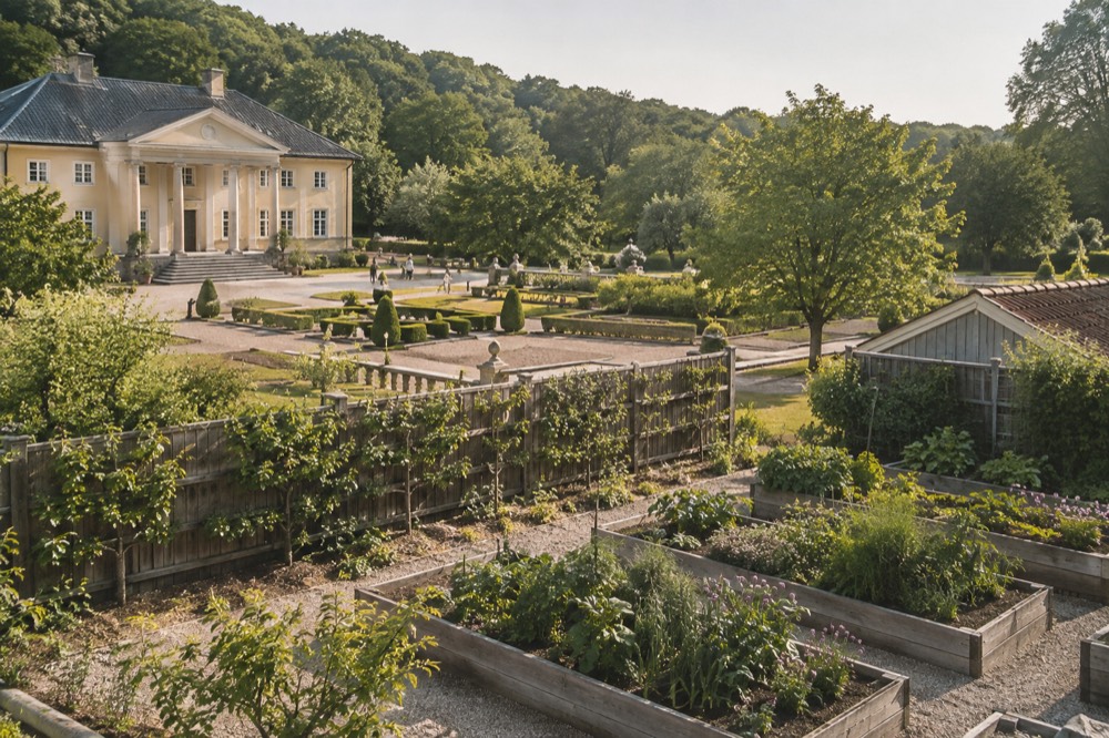 A kitchen garden with raised beds of vegetables and espaliered fruit trees against a wooden fence