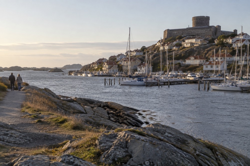 A rocky shoreline path at golden hour with small islands offshore