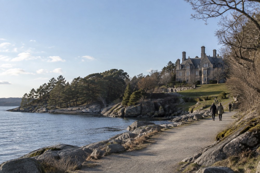 A rocky shoreline path with calm grey water and pine trees at the edge of a fjord