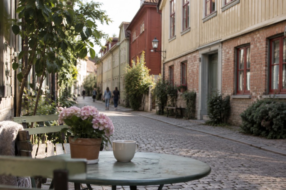 Painted wooden houses on a narrow street in Haga, Gothenburg