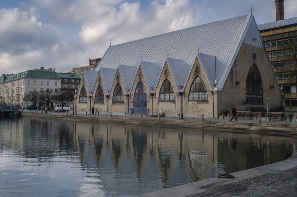 The wooden church-like exterior of the Feskekôrka fish market hall in Gothenburg