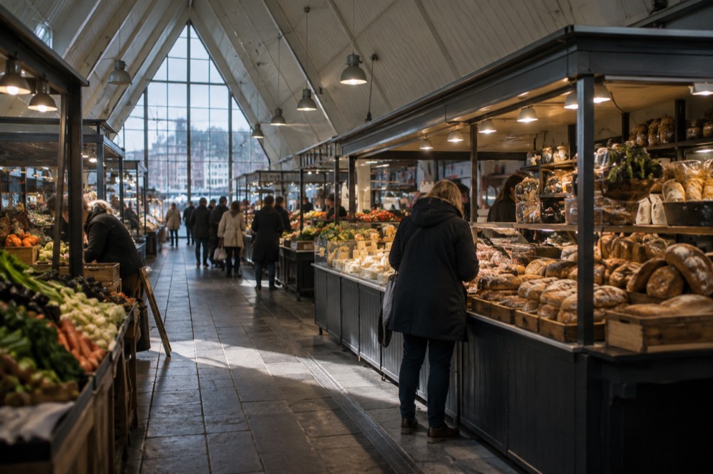 A covered market hall interior with stalls selling bread, cheese and produce