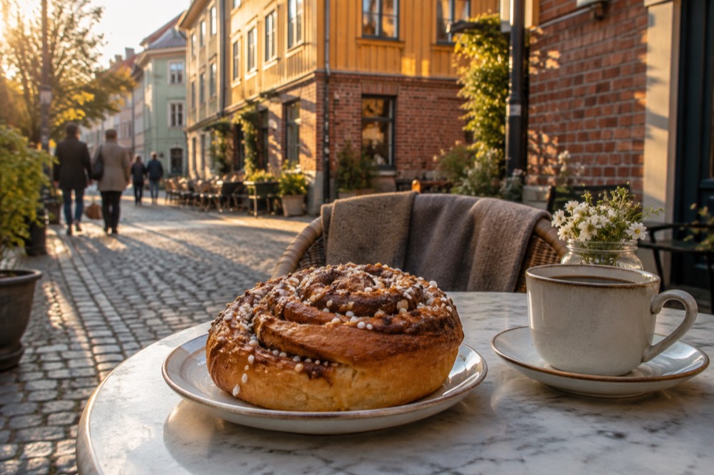 A large cinnamon bun on a plate beside a coffee cup in a Haga cafe in Gothenburg
