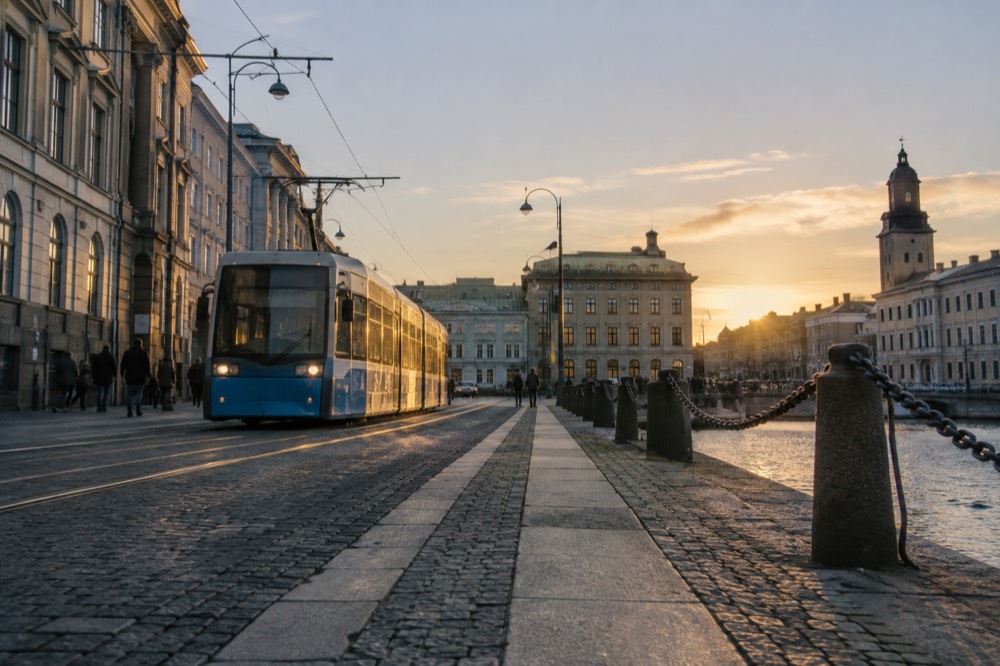 A tram moving down a street beside a canal at golden hour