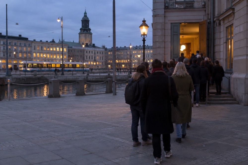 Ticket queue at a festival box office inside a Gothenburg cultural building