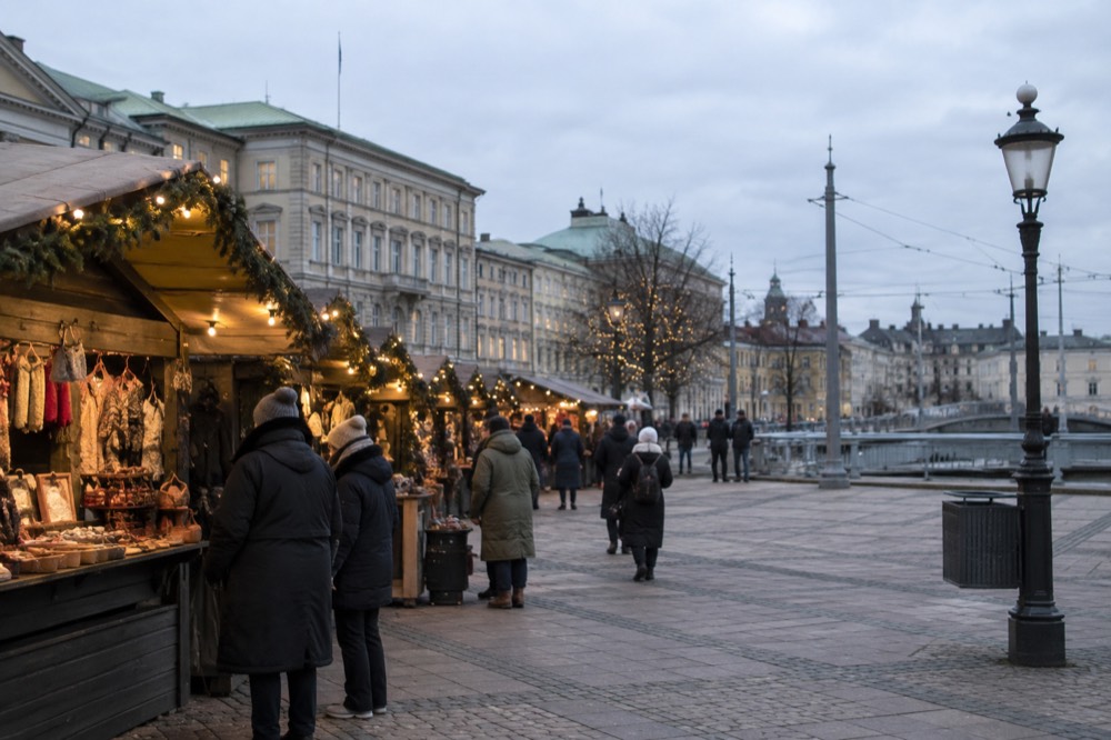Wooden market stalls selling mulled wine and crafts under fairy lights in Gothenburg