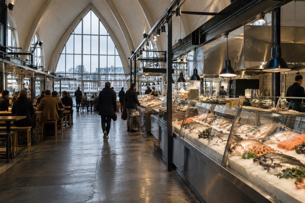 Fish market hall interior with seafood counters and diners
