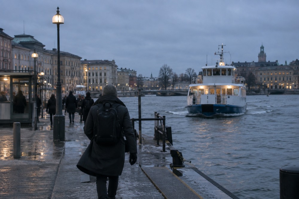 A small ferry approaching a car-free archipelago island in winter light