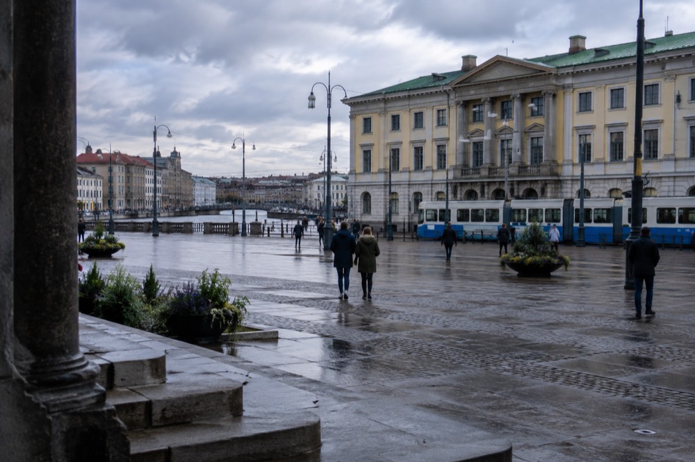 Museum building facade on a Gothenburg street under a grey Nordic sky