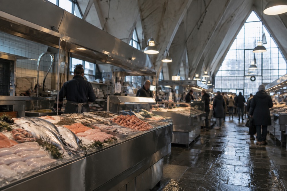 Fish counters and food stalls inside the Feskekorka market hall in Gothenburg