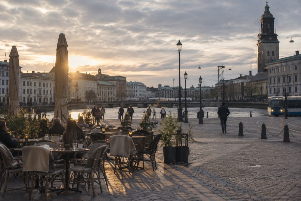 Evening light on a Scandinavian city square with outdoor café tables