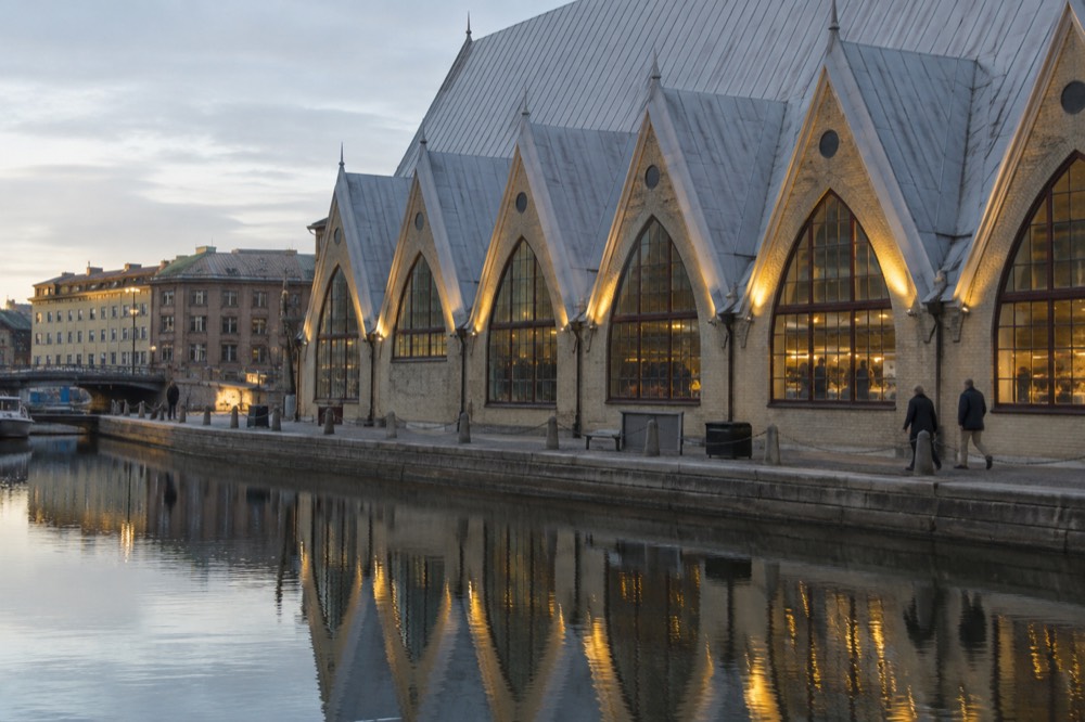 Fish and seafood counters at Feskekôrka food hall in Gothenburg
