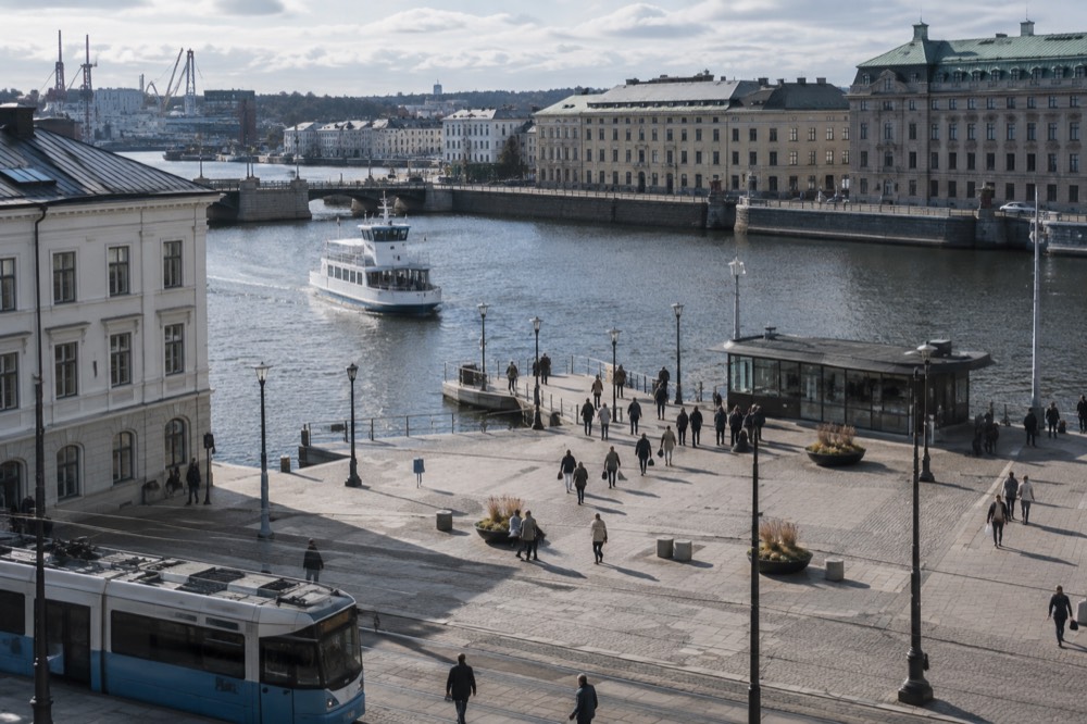 A white Gothenburg archipelago ferry approaching a small car-free island jetty