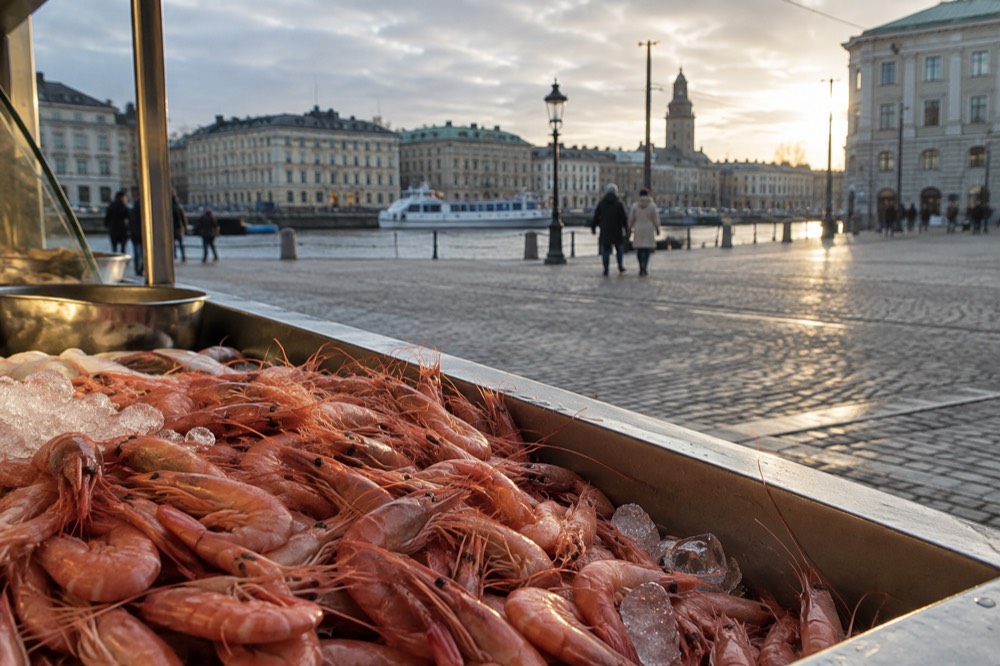 Freshly boiled cold-water shrimp in a bowl at a fish counter