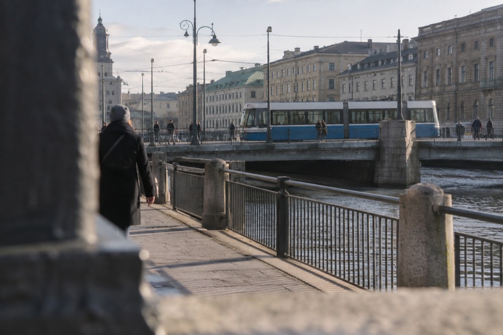 A Gothenburg tram crossing a city bridge on a Saturday morning