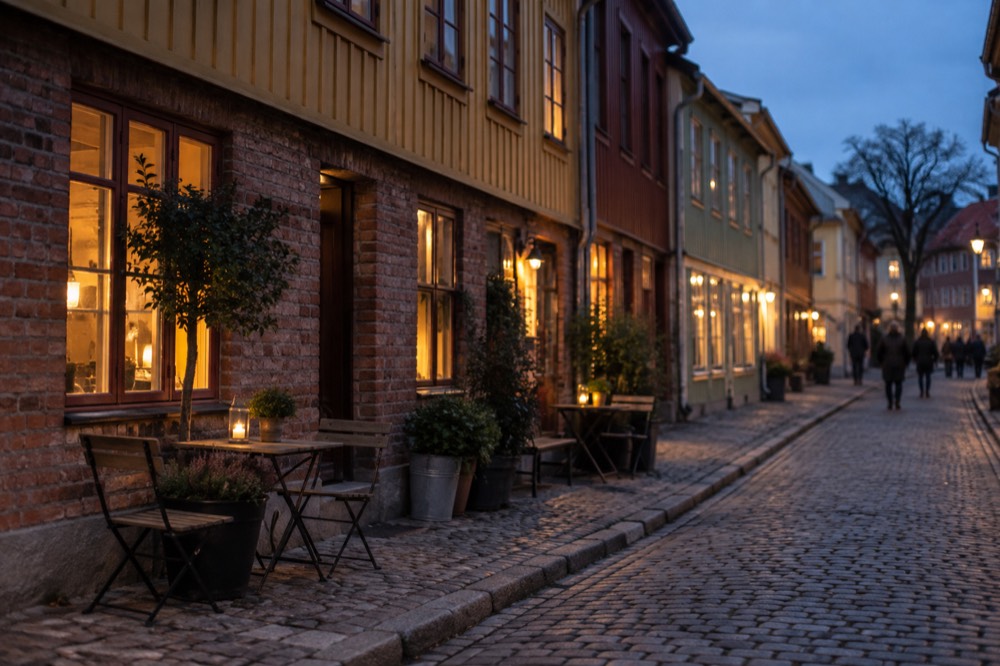 Cobblestone street with painted wooden houses in the Haga quarter