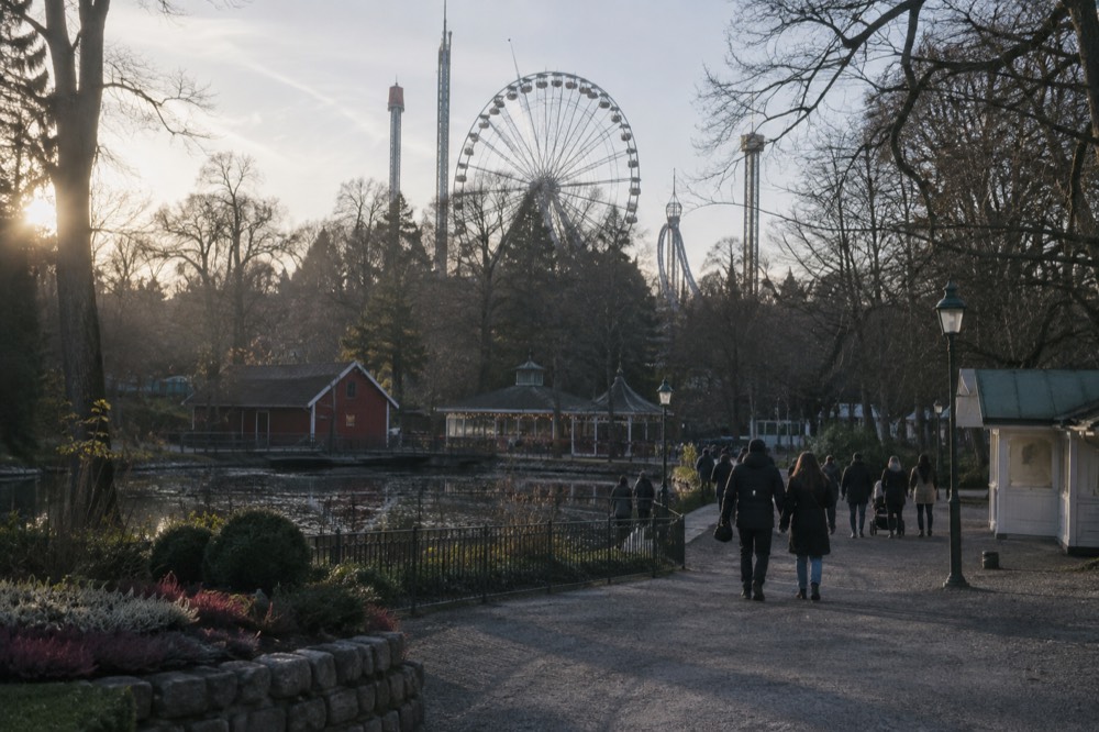 Ferris wheel and amusement rides above Liseberg park at dusk