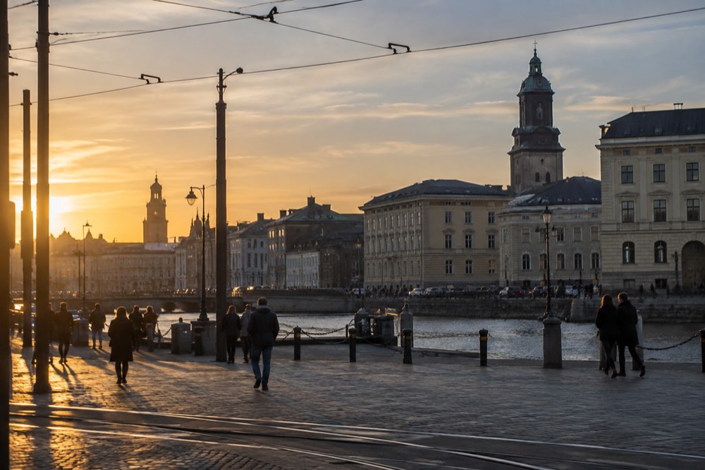 Evening light on the canal and church spires in central Gothenburg