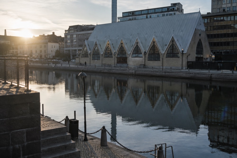 The wooden fish market hall Feskekorka beside the canal in central Gothenburg