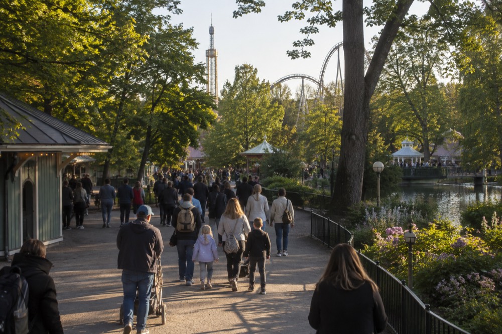 Families walking through a crowded amusement park midway