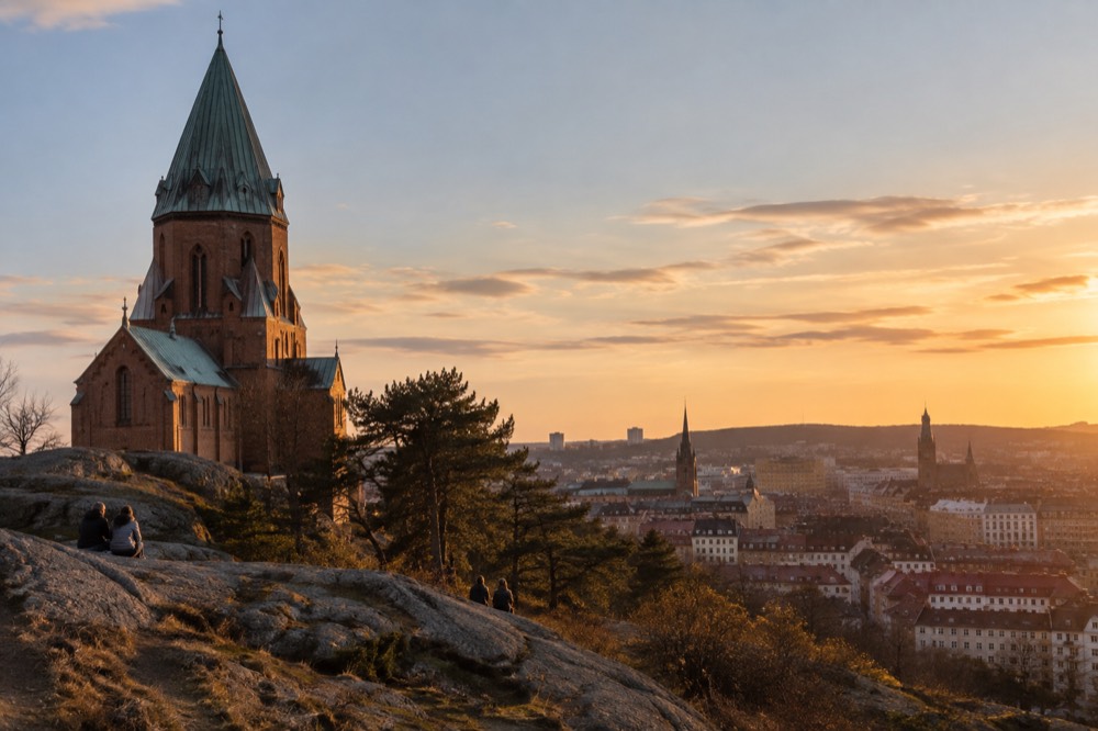 Panorama of Gothenburg rooftops and church spires seen from a hilltop viewpoint at golden hour