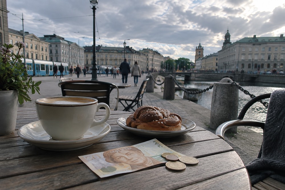 A Swedish fifty kronor banknote and coins resting on a wooden cafe table beside a receipt