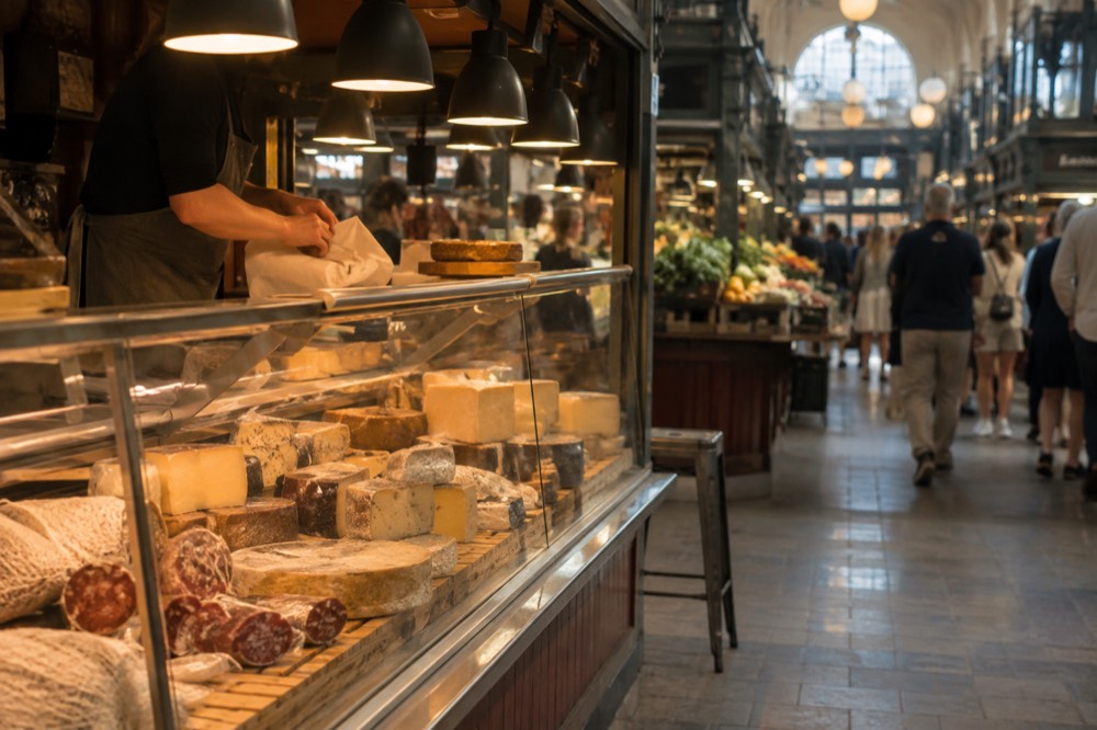 A counter display of Swedish cheeses and cured meats with a vendor wrapping a purchase